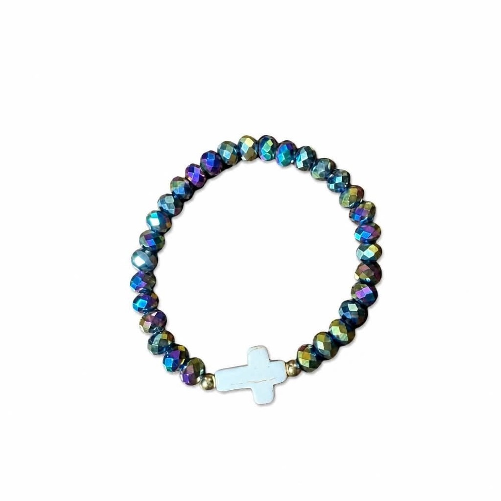 Faceted Iridescent Elegant Bead Cross Stretch Bracelet Faith Jewelry Gift Pouch